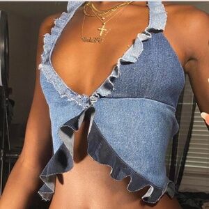 Denim ruffle flounce too deep v flare waist halter top